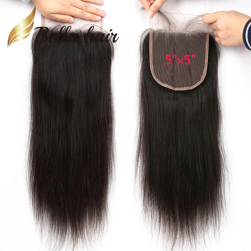 BellaHair Top 11A Grade 5*5 Lace Closure Straight Human Hair in natural black color, showcasing its shiny and bouncy texture.